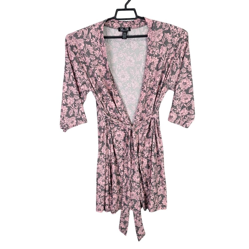 Womens Reni Rofe Sleepwear Pink & Gray Floral Print Kimono Robe Belted Size M